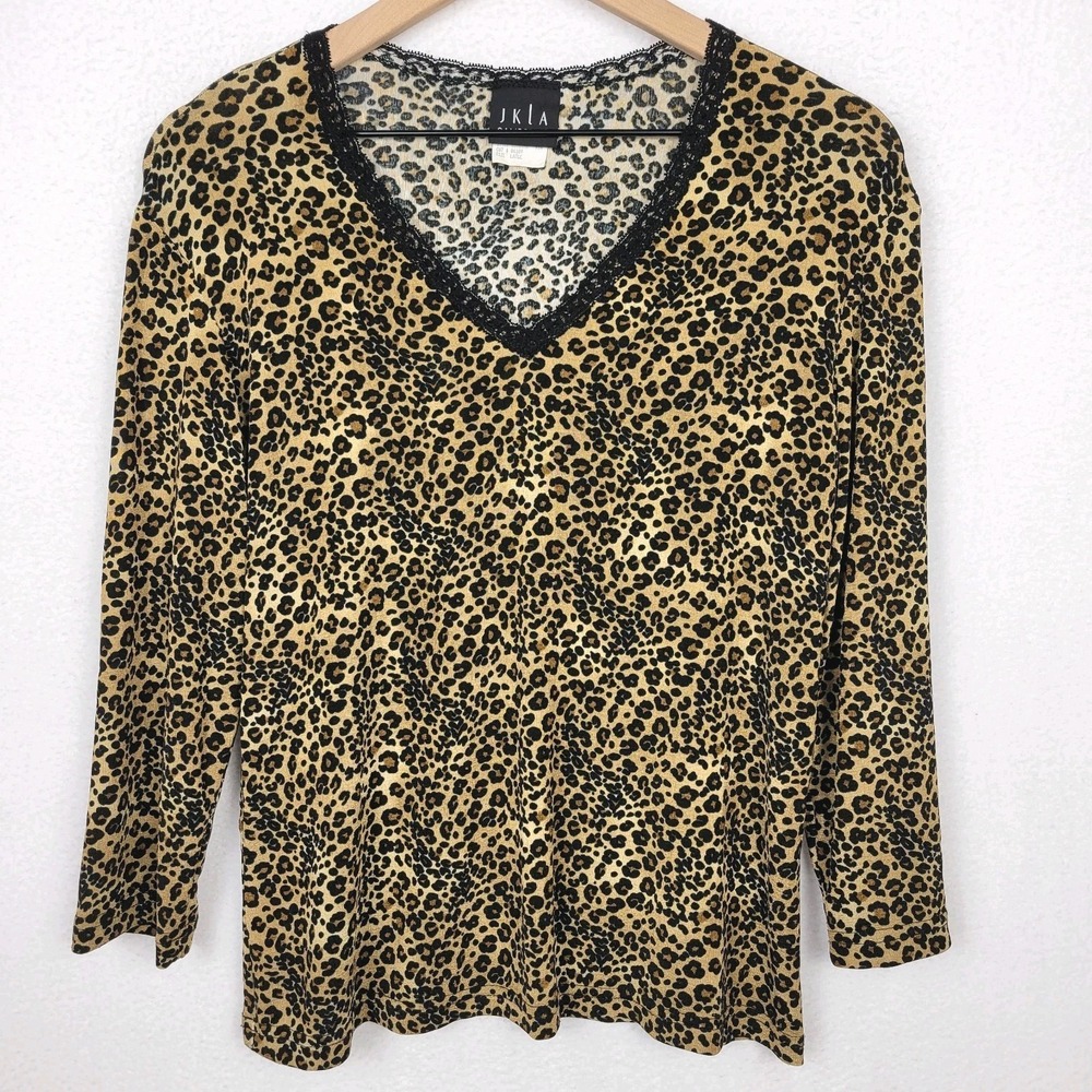 Vintage JKLA California Leopard Print Lace Trim Top L USA Y2K Indie Sleaze